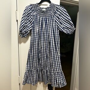 Blue and White Smocked Off-the-Shoulder Sundress